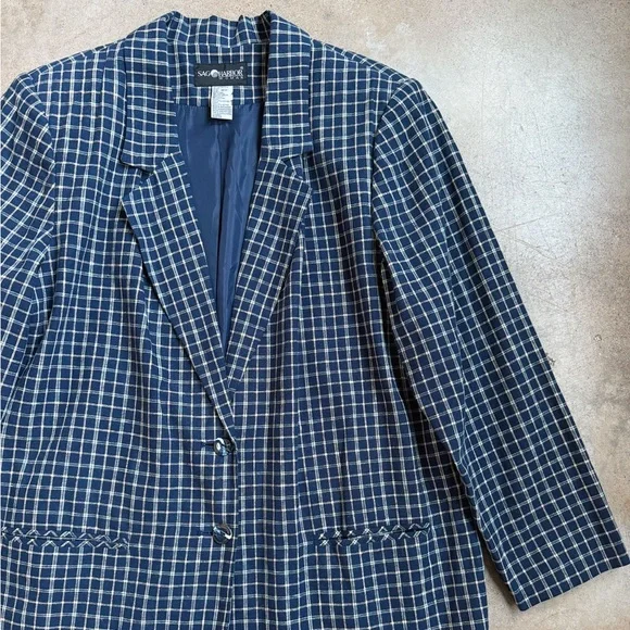 Vintage 90s Sag Harbor Navy Plaid Linen Blazer - Picture 4 of 6